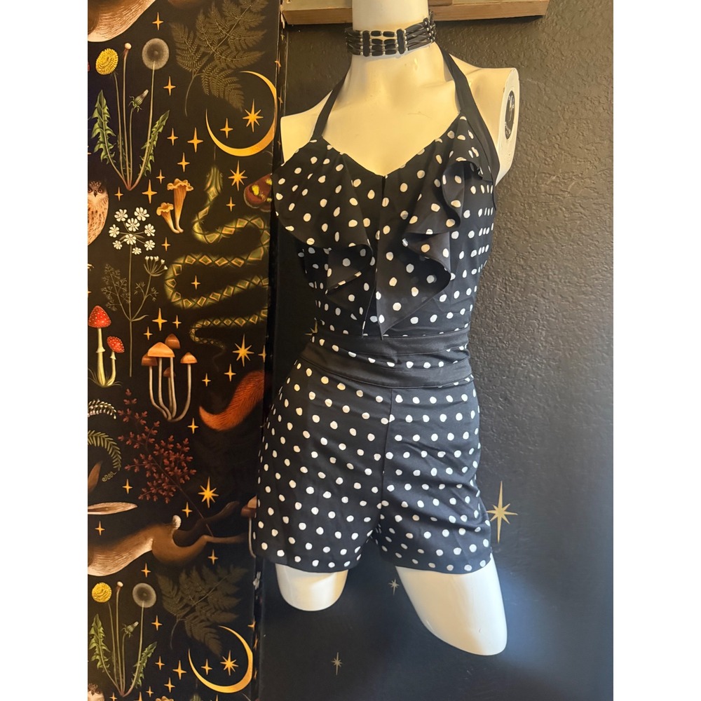 Bebe  Black Polka Dot Ruffle Halter Romper Size 8